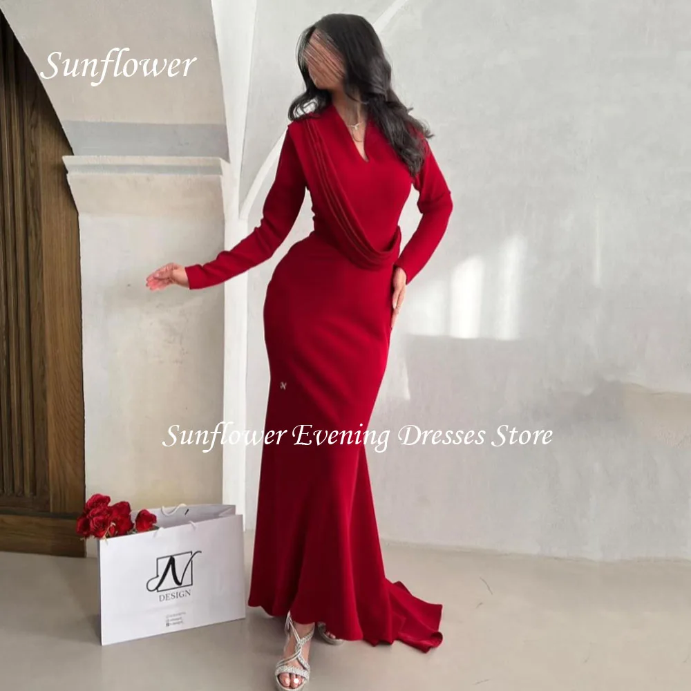 

Sunflower V-Neck Long Sleeves Prom Gown Mermaid Evening Dress Slim Crepe Party Dress 2023Floor-Length Prom Dress