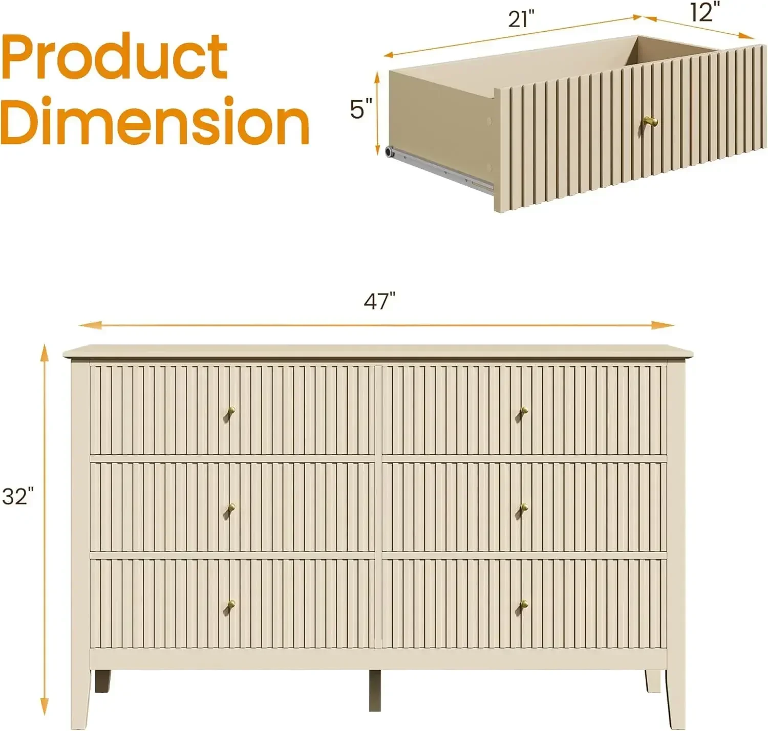 [New Arrival!Free Shipping!][Free Shipping, New Arrival!]Beige 6 Drawer Dresser, Fluted Modern Wood Chest of Drawers, Long Dress