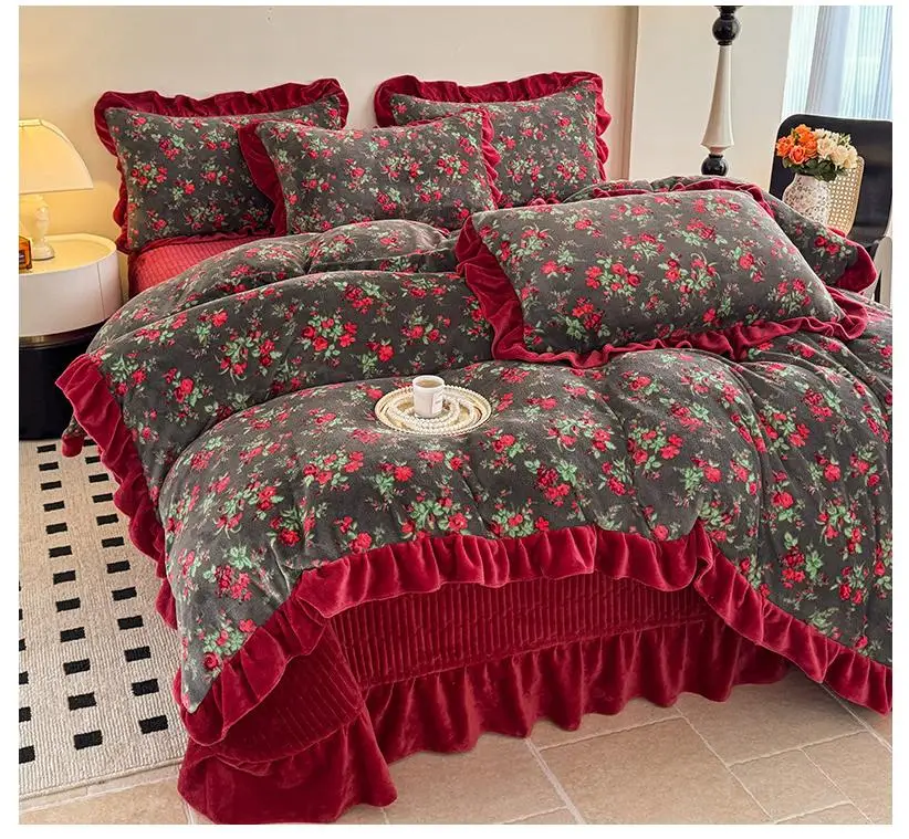 French Winter Thickened Milk Fleece 4pcs Bedding Sets Flower Warm Quilt Cover Bedspread for Women Bedroom