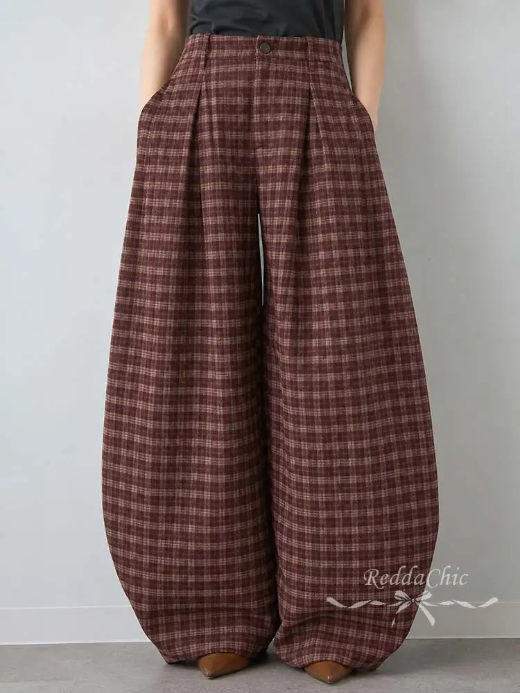 REDDACHiC Tartan Plaid Women Palazzo Pants School Oversized High Rise Loose Wide Leg Carrot Fit Lounge Pants Retro Everyday Wear