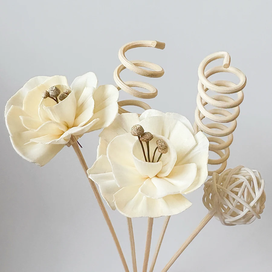 6pcs Rattan Diffuser Stick Set, Fragrance Diffusion Sticks, Includes 2 Handmade Flowers + 2 Curved Rattan Sticks + 1 Rattan B