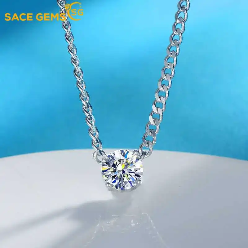 

SACEGEMS White Gold Plated GRA 1CT Moissanite Necklace for Women Wedding Jewelry 925 Sterling Silver Cuban Chain Clavicle Chain