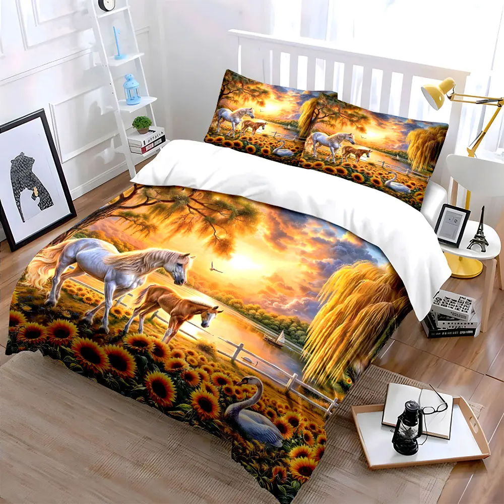 Serene Countryside Sunset Art Set  kid's and adults' bedroom decor, Exquisite three-piece bedding set gift