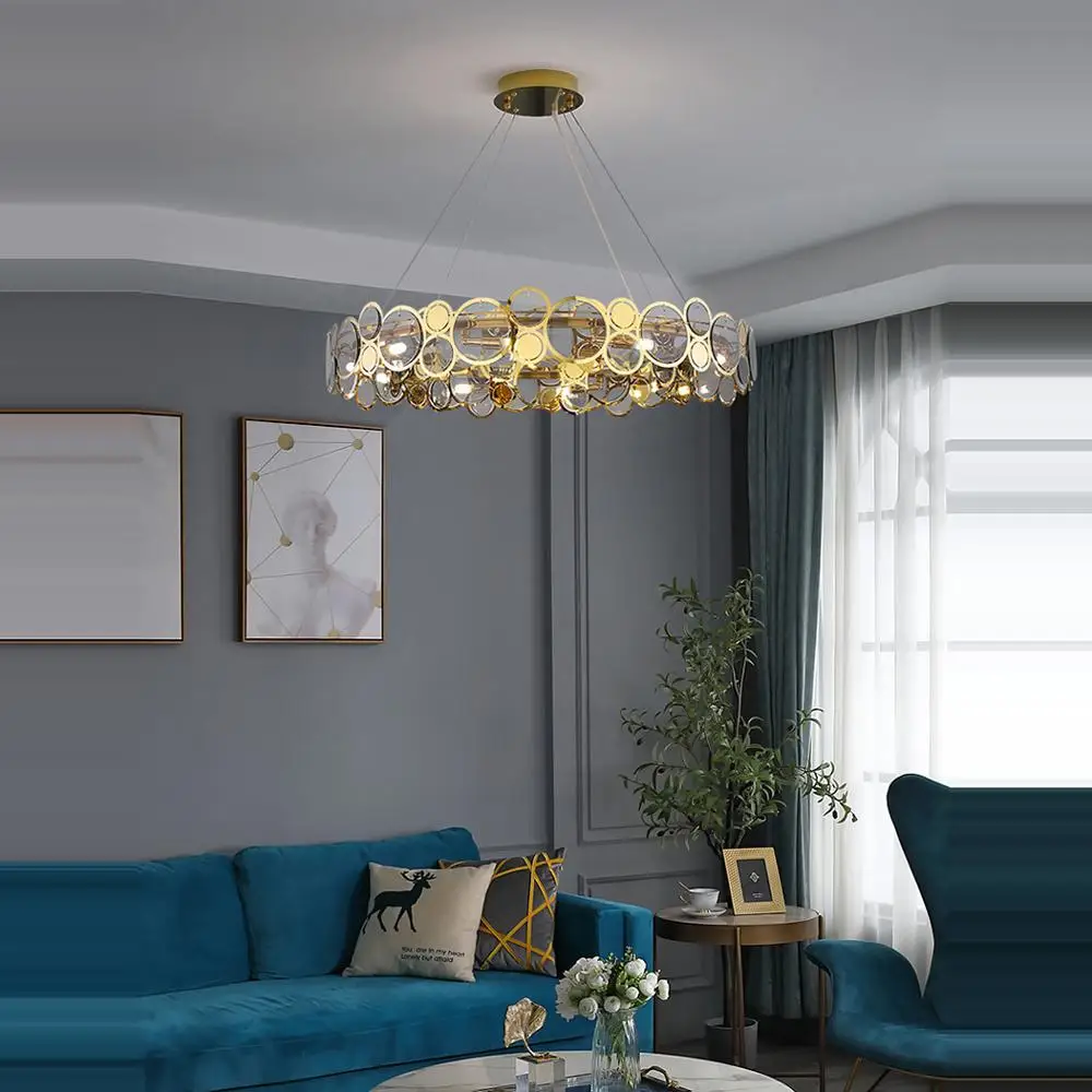 Adrianna Glass Round Chandelier led Iron Gold Circle ring Lighting for dining room living room Nordic luxury Suspension lamp