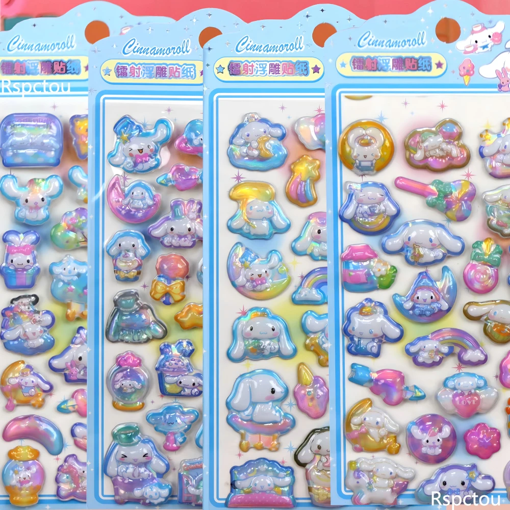 4pcs Funny Cute Sanrio Cinnamoroll Crystal Stickers Kawaii Cartoon 3D Three-Dimensional Relief Decals Decorative Suitcase Guitar