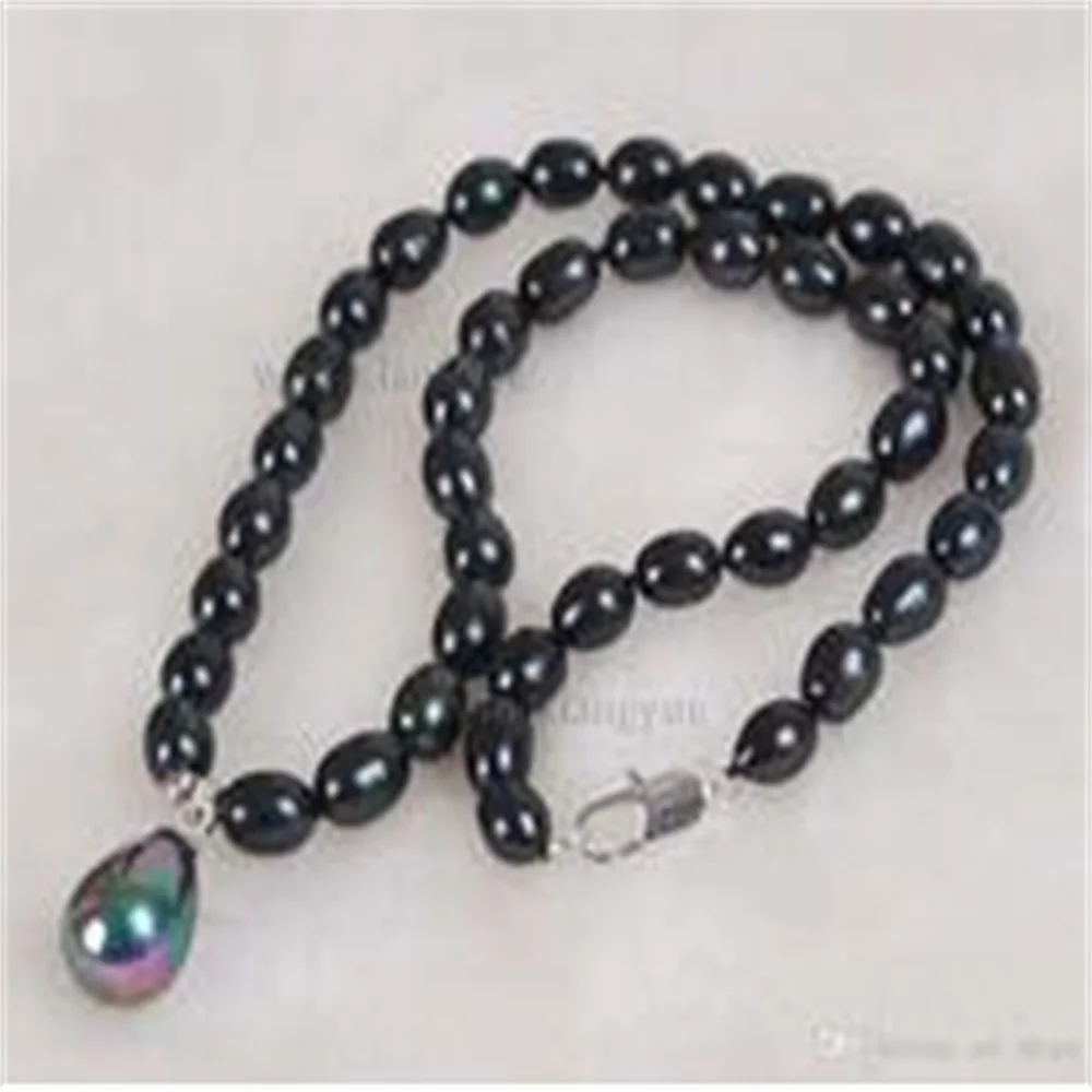 7-8MM Black Akoya Cultured Pearl/ Shell Pearl Pendant(12x16MM) Necklace 18" R9