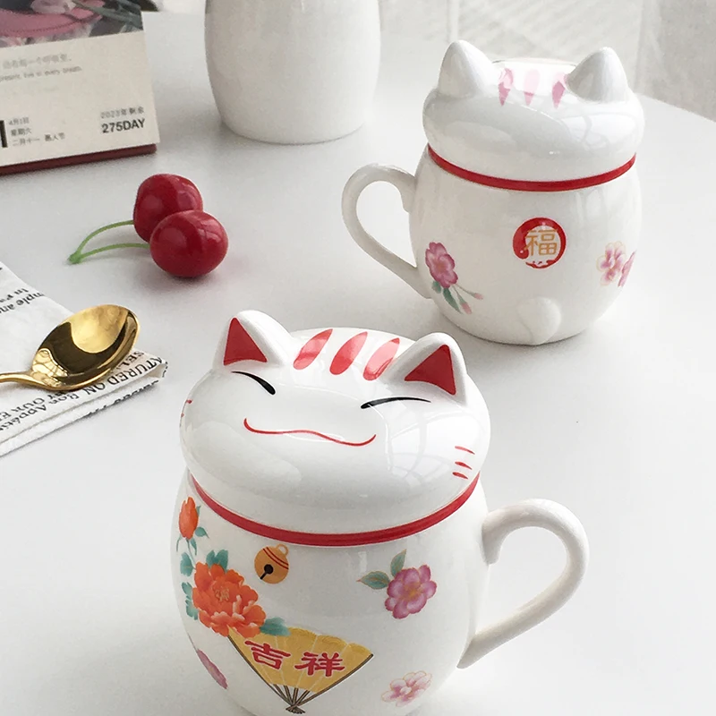

Ceramic Mug with Lid Japanese-Style Cute Lucky Cat Maneki-neko Adorable Ceramic Lidded Mug Pair Breakfast Cups for Couple