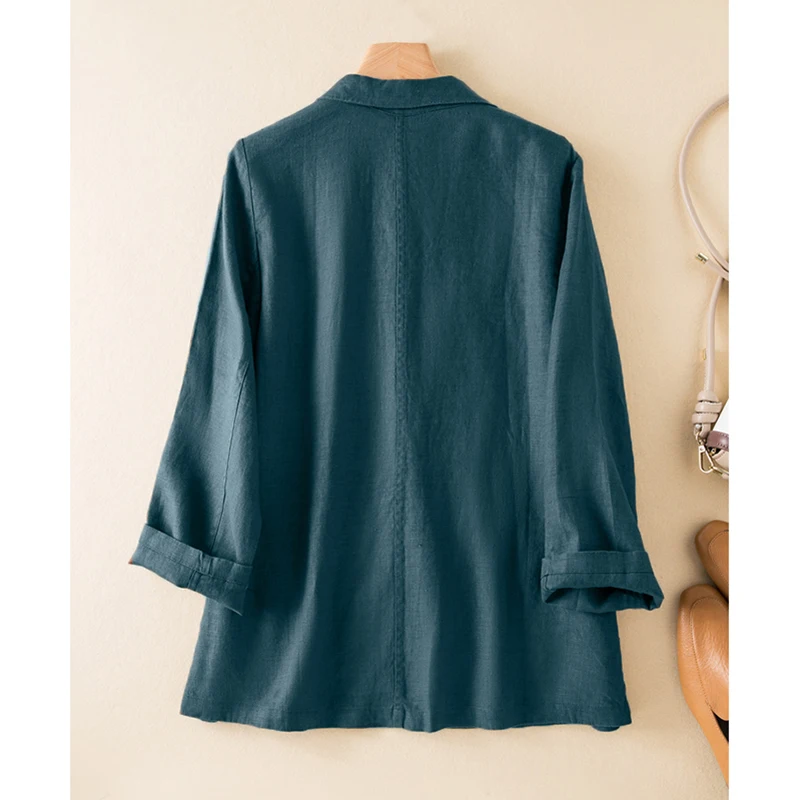 코튼 린넨 블레이저 탑 여성 우아한 자켓 가을 긴 소매 턴 다운 넥 솔리드 오버 사이즈 코트 빈티지