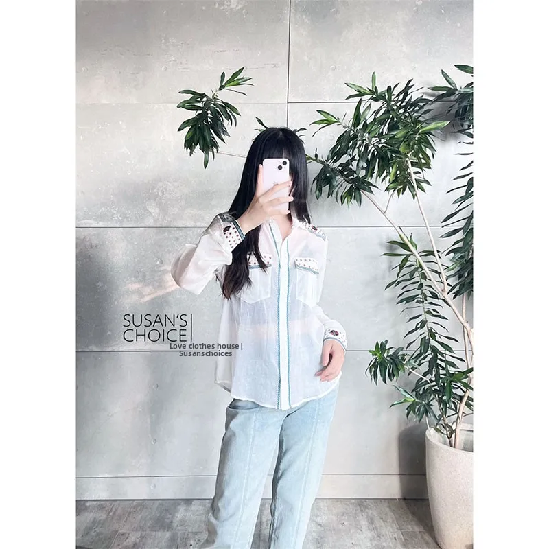 

Susan Pure Cotton Long Sve Embroidered Collar irt Women's Top French Sle Loose Fit Summer Collection White Color