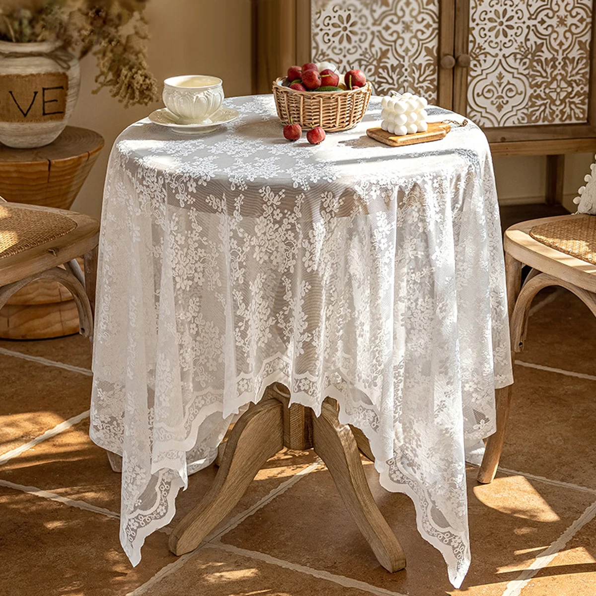 1PCS White Lace Tablecloth, Romantic Cottage Style Sheer Floral Table Cover for Dining Room
