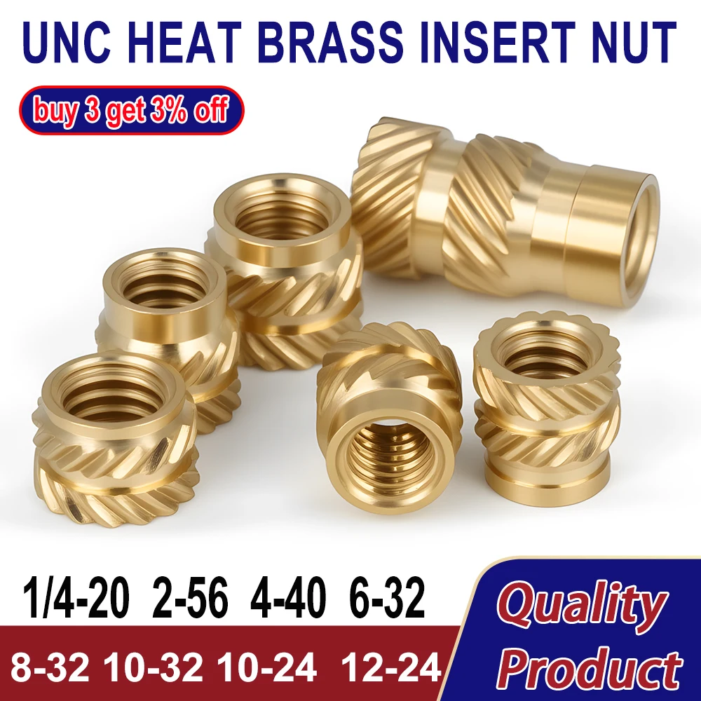 Brass Heat Insert Nut Hot Melt Thread Molding Double Twill Injection Nut for 3D Printer1/4 2-56 4-40 6-32 8-32 10-32 10-24 12-24