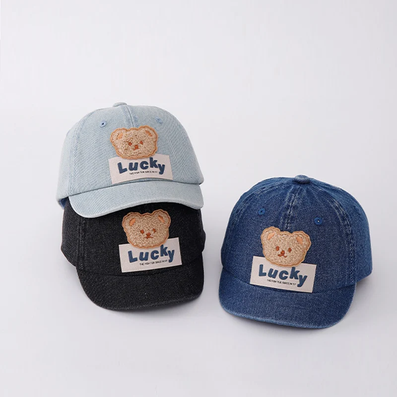 

Синяя джинсовая детская шляпа с медведем в стиле ретро, ковбойские шляпы с утиным языком, детская бейсболка с короткими полями, солнцезащитная кепка для малышей 6–36 месяцев, фуражки