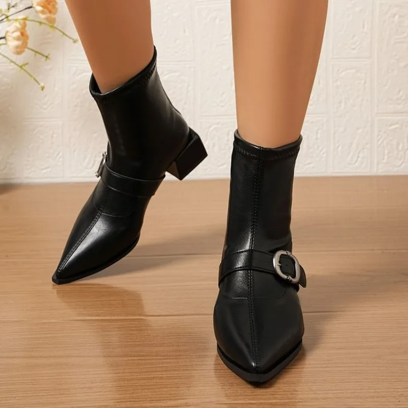 

Pointed Toe Sexy Women Ankle Boots 4.5cm Med Heels Woman Shoes Square Button Fashion Woman Boots Shoes Plus Size 41 42 Footwear