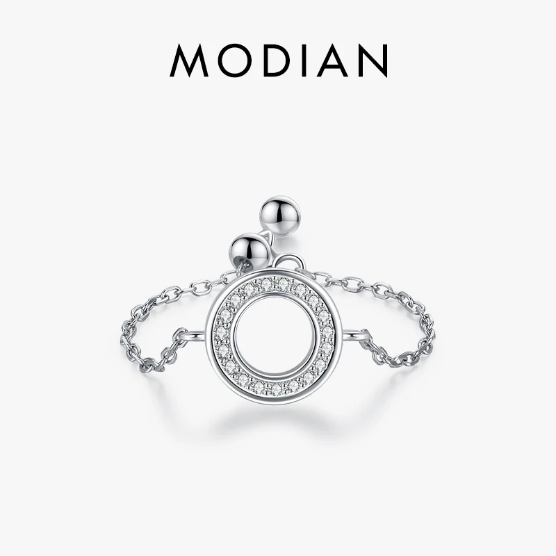 

MODIAN 925 Sterling Silver Round Circle Finger Rings For Women Clear Cubic Zirconia Adjustable Link Chain Ring Fine Jewelry