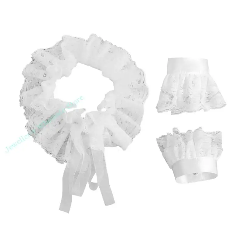 

R7UF Double Layer Lace Detachable Collar and Cuffs For Women Costume Accessories