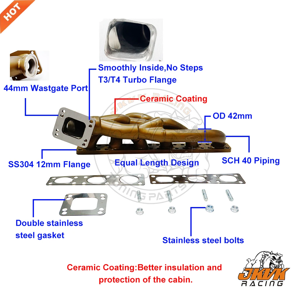 

JKVK RACING Ceramic Coating 42mm OD equal length Turbo Manifold For E36 E39 M50 M52 S50 S52 1990-2001 With T3 /T4 Flange