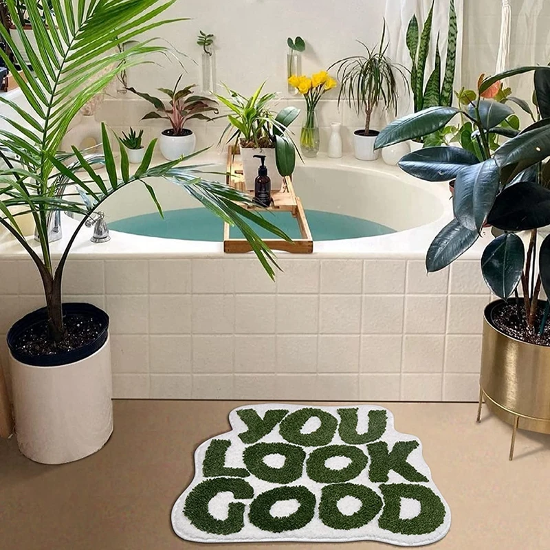 Inyahome You Look Good Bathroom Mat Green Tufted Shaggy Cute Funny Door Kitchen Mats Carpet Microfiber Mat Bathroom Rugs 25”x21”