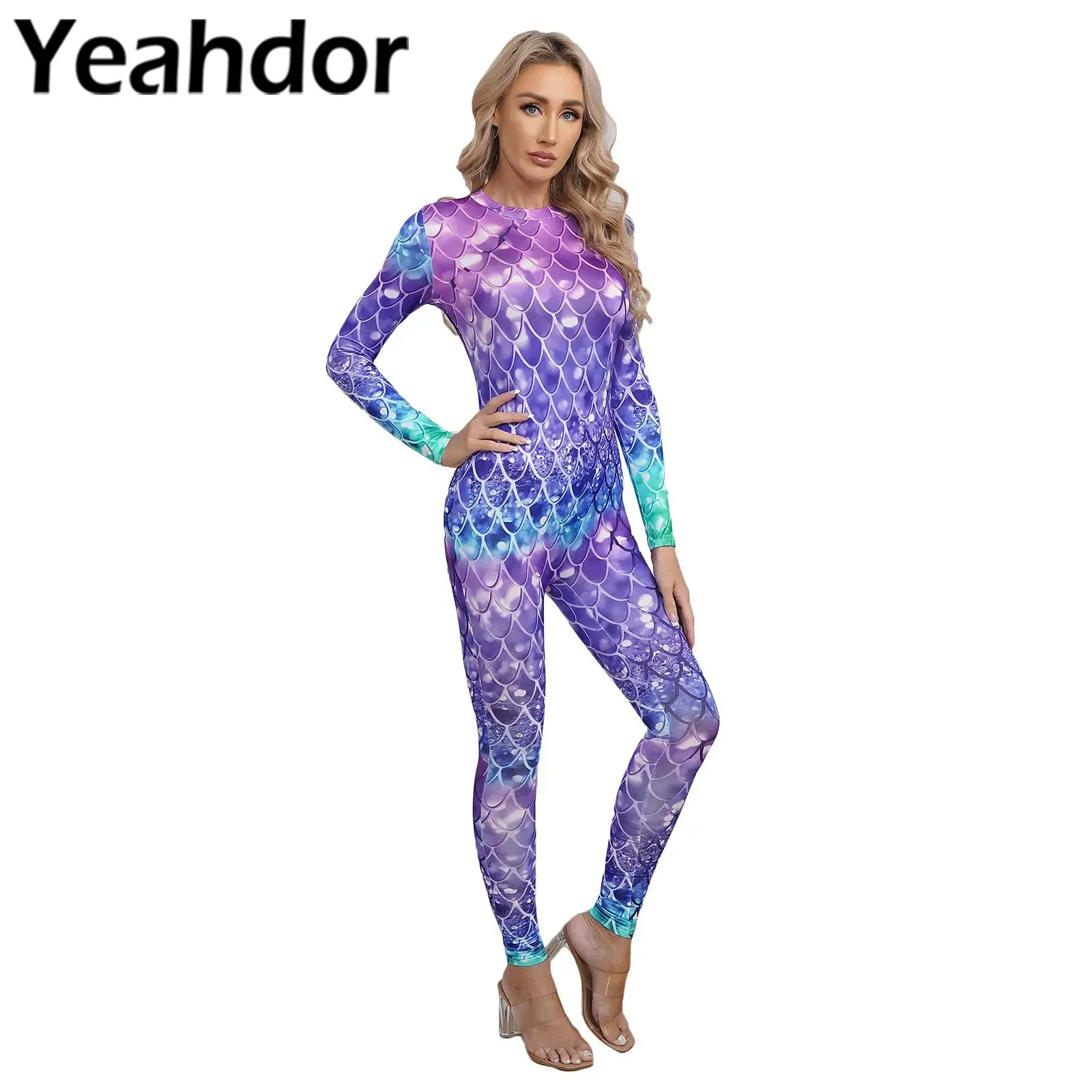 Womens Swimsuit Mermaid Cosplay Costume Fish Scale Print Jumpsuit Swimwear Long Sleeve Full Body Rompers Bodysuit Beachwear