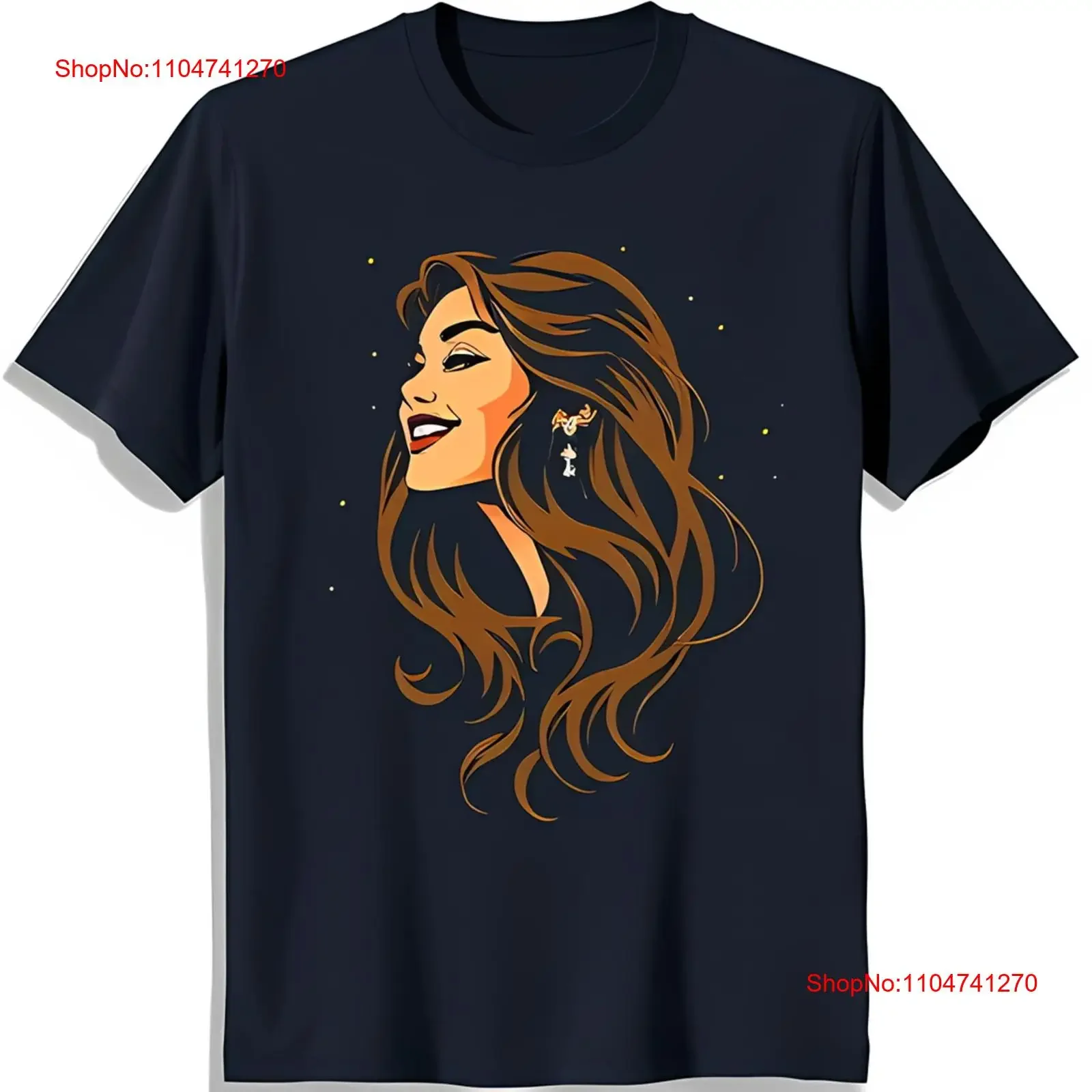 Ilustración colorida de mujer sonriente con pelo largo castaño camiseta azul oscuro vintage lavado transpirable suave Unisex homme