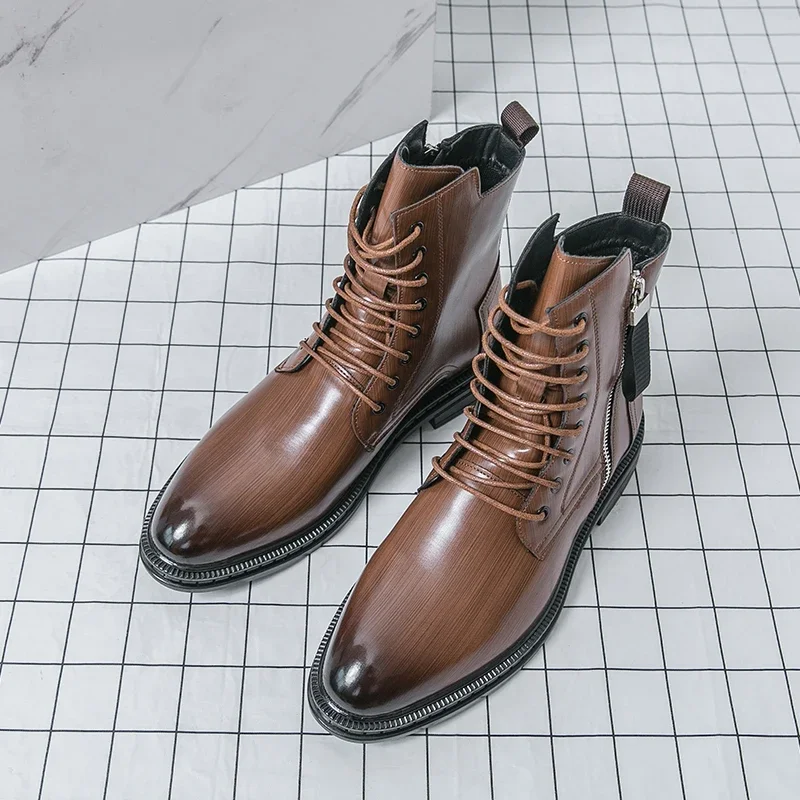 

2026 Mens High Top British Style Thick Bottom Motorcycle Boots Leather Black Laced Denim Boots Round Toe Side Zipper Punk Boots