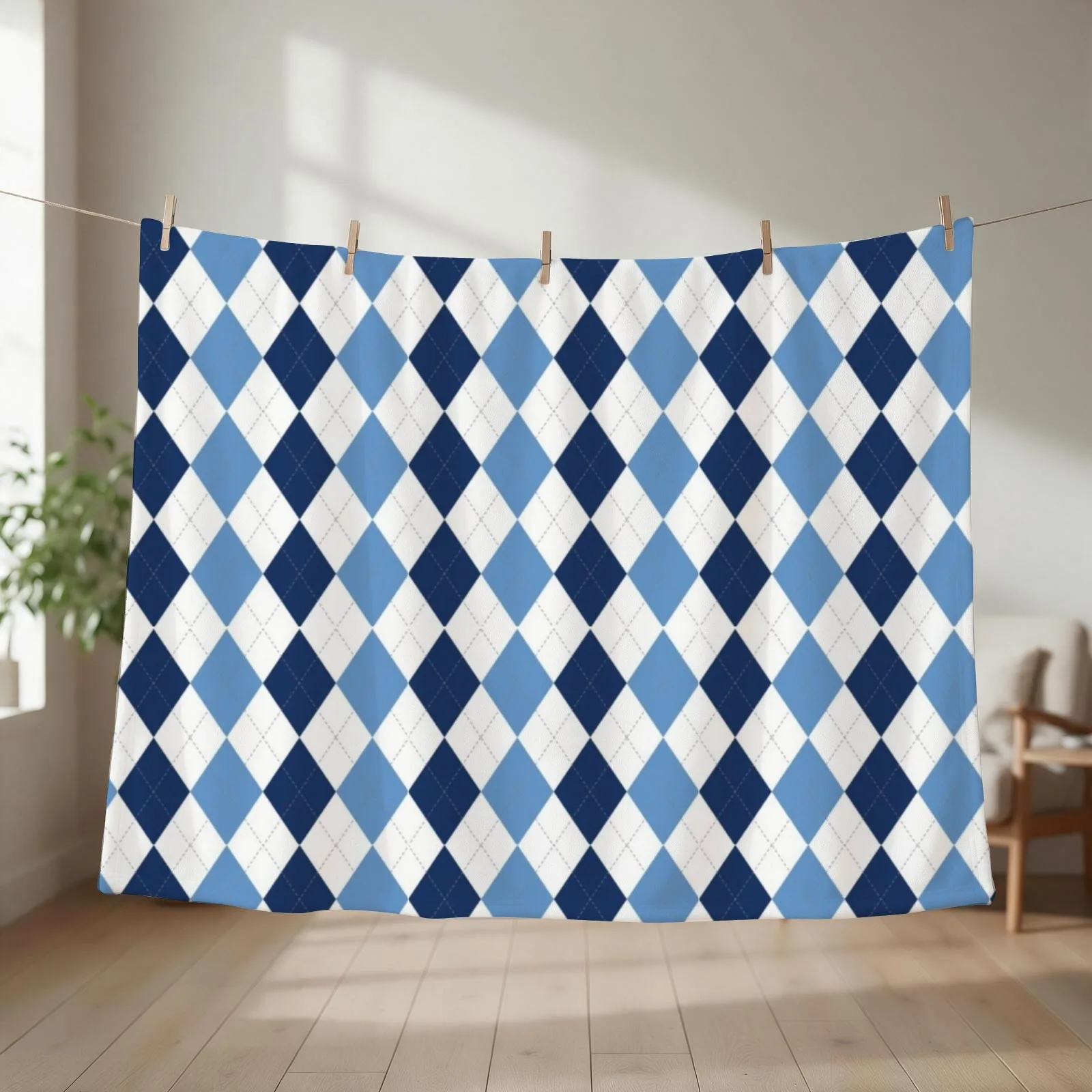Navy/Carolina Argyle Throw Blanket couch cozy soft plush fuzzy picnic outdoor blanket