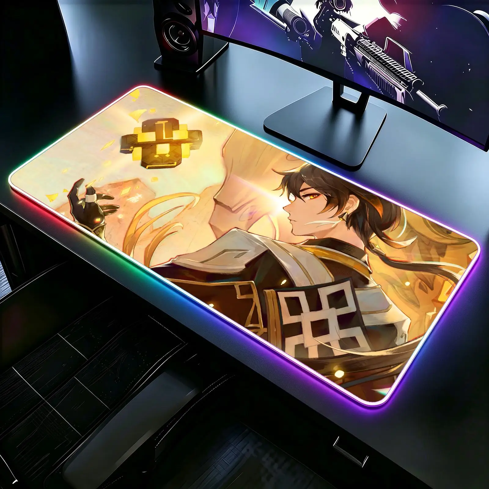 XXL RGB Glow Gaming Desk Pad, wearproof sewn border, Genshin Impact ZhongLi anti-slip mat for desktop, bedroom & office use