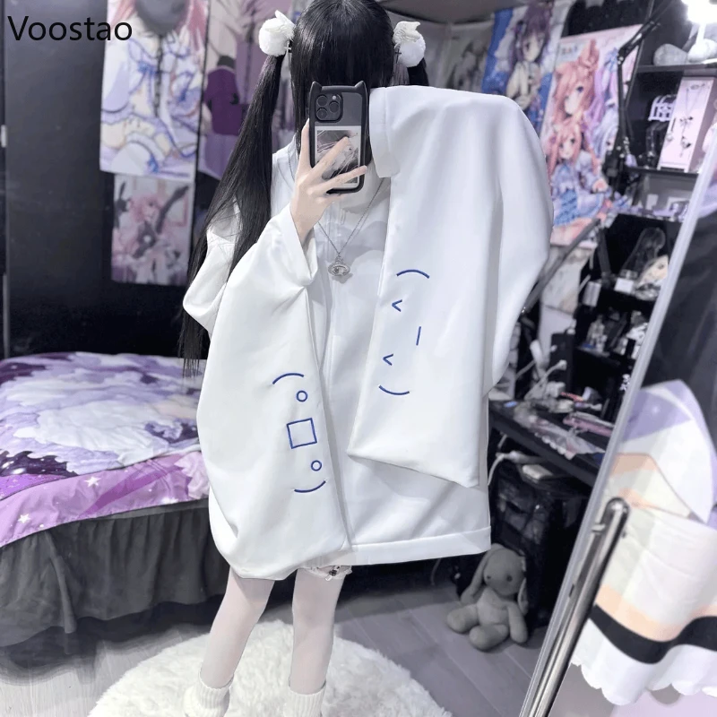 Japanese Kawaii White Hoodies Women Y2k Aesthetic Oversized Embroidery Jacket Harajuku Zipper Grunge Loose Sweatshirts Autumn