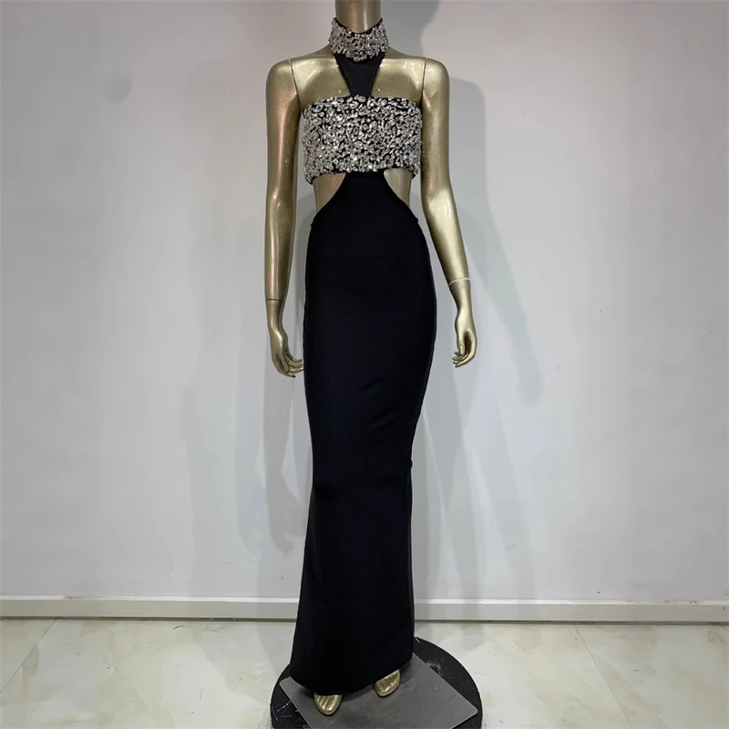 女性ブラックホルタークリスタル背中の開いたカットアウトロング包帯ドレス誕生日セレブイブニングクラブパーティーワンピースガラドレス