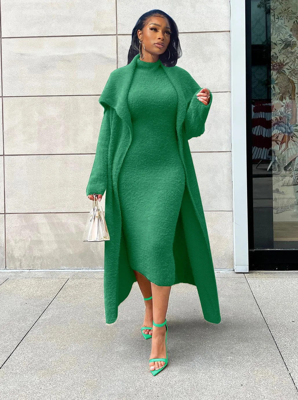 Plus Size Women Dresses Two-Piece Set Elegant Dress & Loose Long Coat With Belt Fall Winter Ladies Casual Dress Outfits