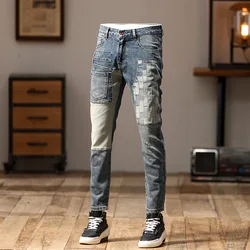 2024Cool Smart Jeans Men's Motorcycle Trendy Patchwork Fashion High-End Retro Stretch Slim Fit Skinny Pants