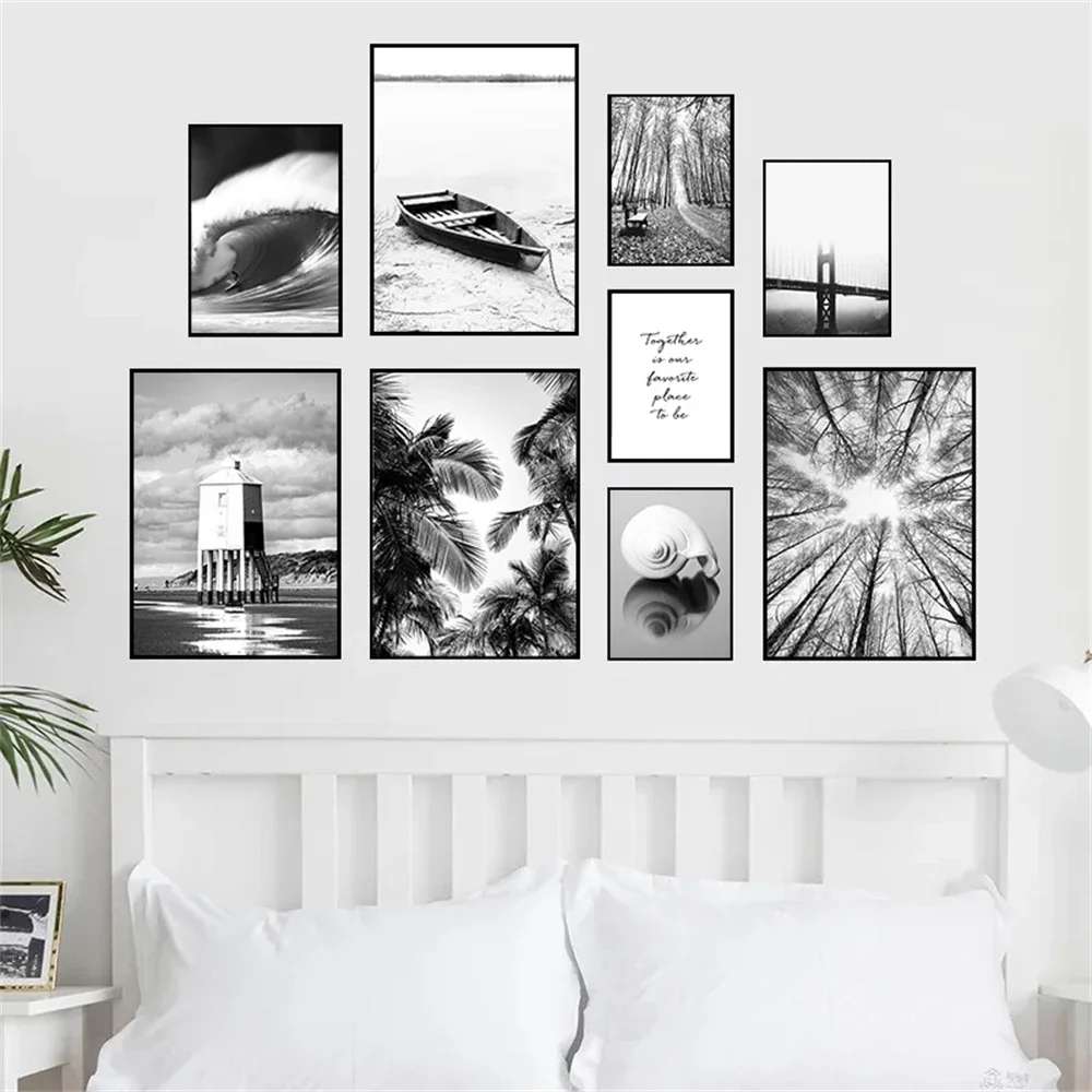 Pósteres en blanco y negro, puente, barco, palmera, lienzo impreso, imágenes, arte de pared de concha, póster de ola de mar, imagen nórdica, decoración de dormitorio