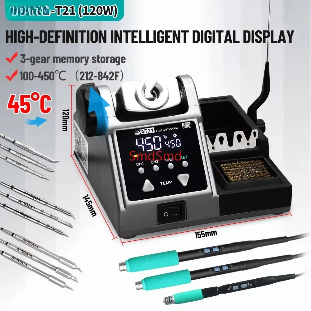 T21 120W Soldering Station 1.6m Wire-Controlled Handle Electronics Soldering Iron Tip 115/210/245 Rework Station BGA Tools