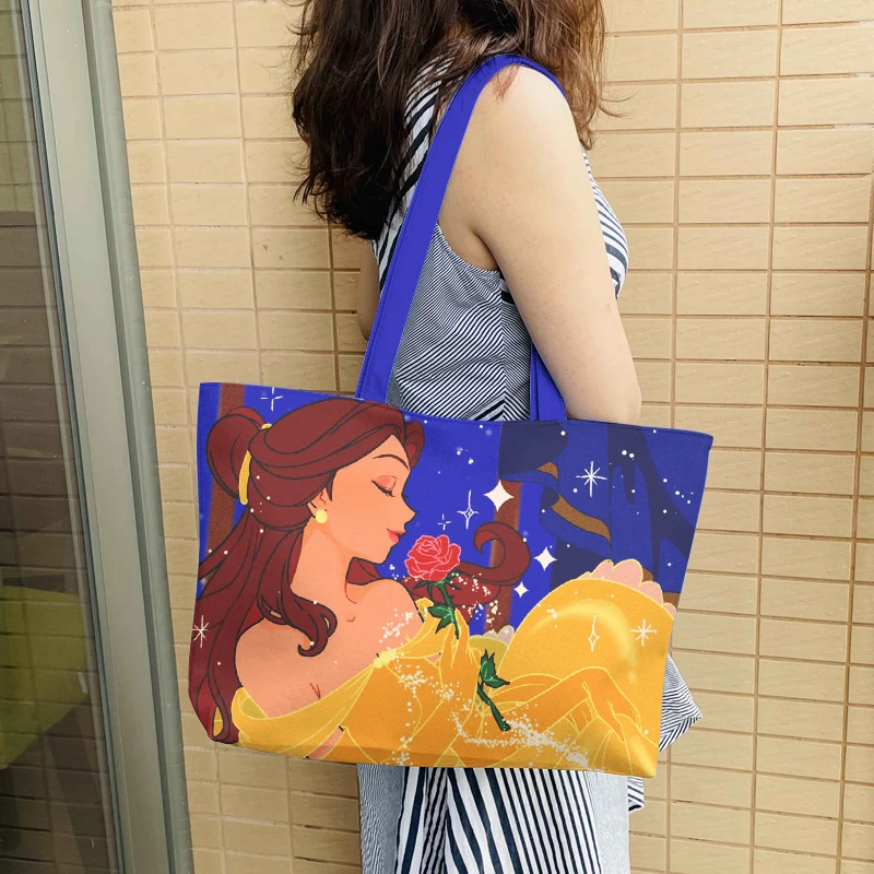 Disney Beauty and the Beast Belle Anime Shoulder Bags Customized PU Cartoon Shopping Bag Casual Tote Storage Handbag Unisex Gift