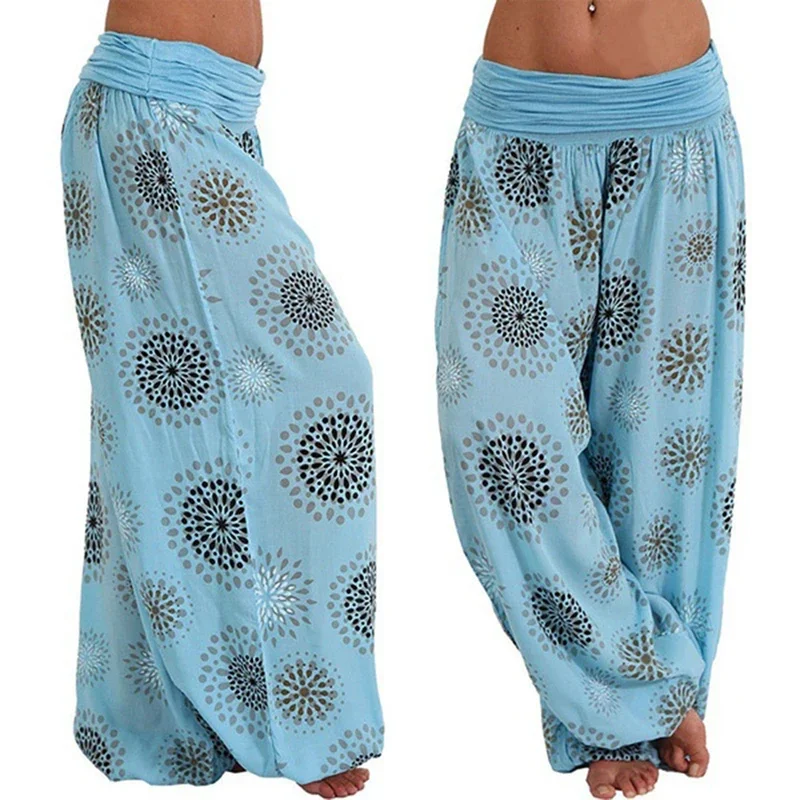 Nowa moda damska Boho z szeroką nogawką spodnie damskie na co dzień z kwiatowym z nadrukiem luźne spodnie Vintage Pilates elastyczne spodnie w talii