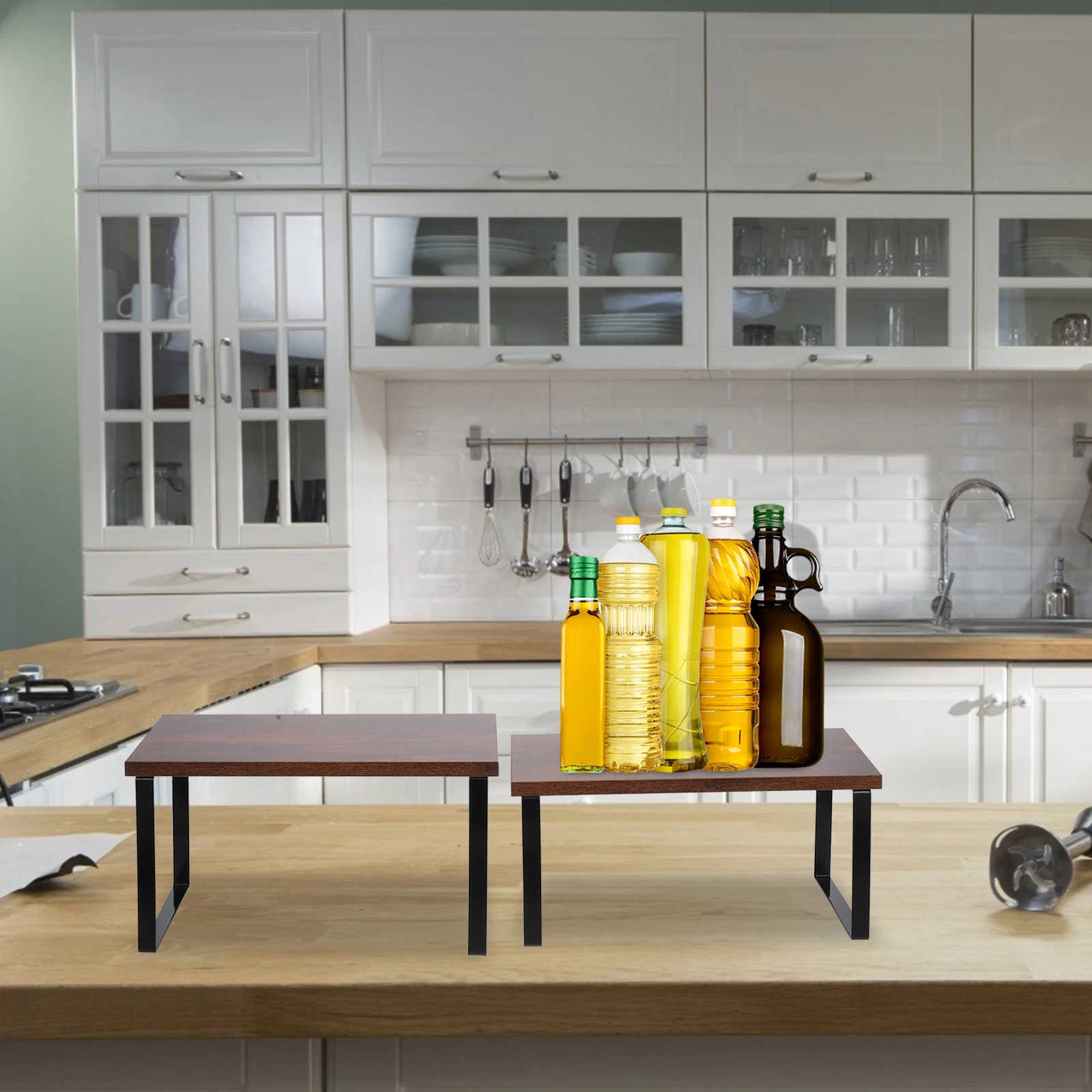 

2pcs Kitchen Storage Rack Shelf ganizer Spice Desktop Cabinet Beige Wood Multifunctional Space Saving Countertop Shelves