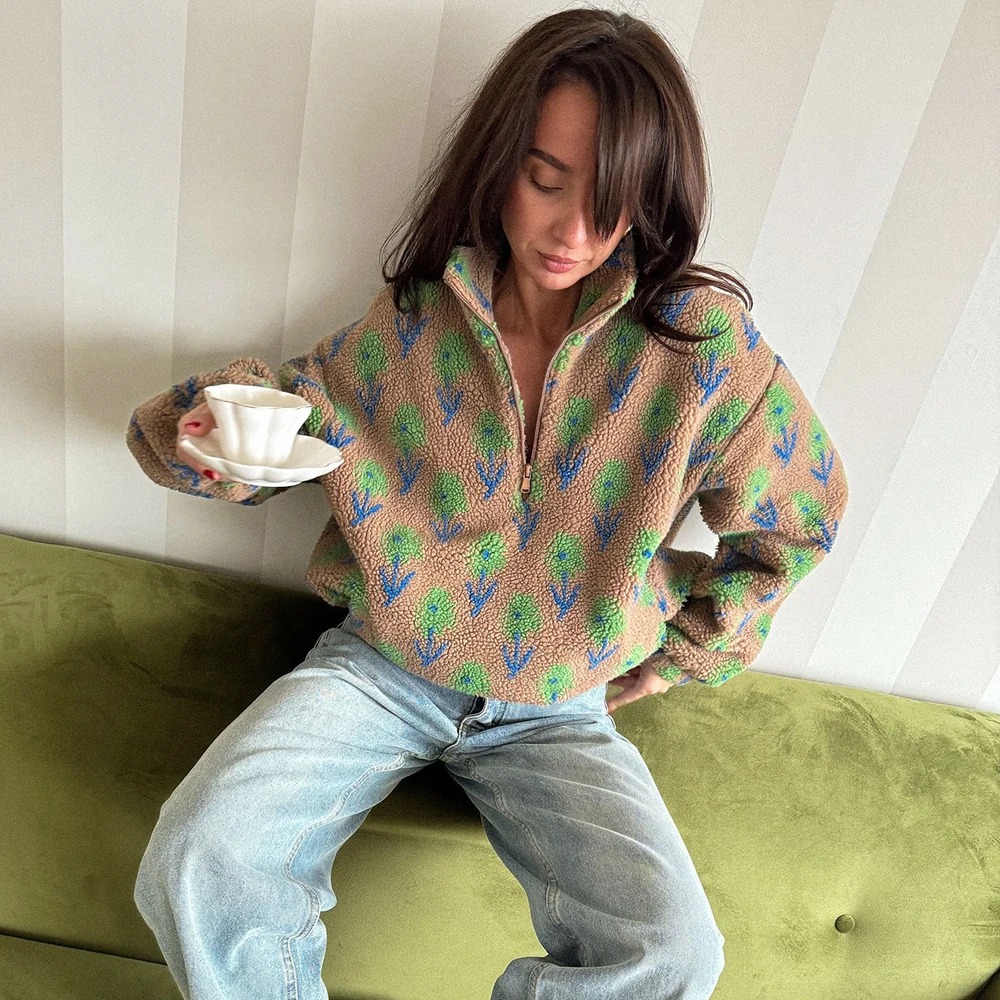 Talenza Autumn Winter Women Wool Hoodie Fashion Print Oversized Casual High-Neck Fleece Top Commuter Vintage Warm Female Outwear