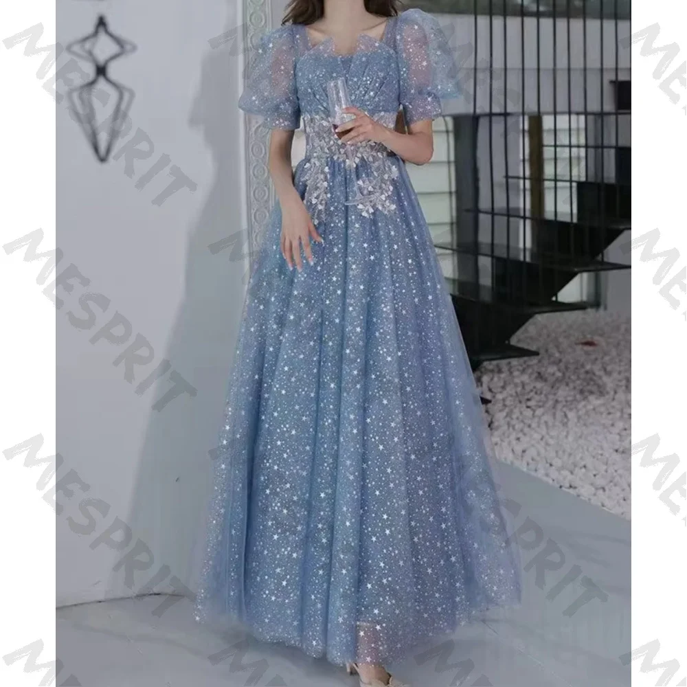 Customized Star Sparkle Fluffy Sleeves Ball Gown 2026 New Style Square Collar Beaded Waist Chiffon A-line Luxury Evening Dress