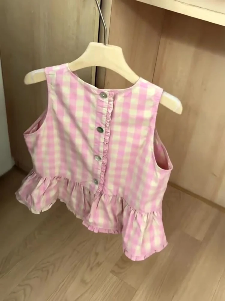 Summer Fashion Checkered Sleeveless Vest Women's Loose Cotton Linen Doll Shirt Top Wooden  Pink Polka Dot Commute Style