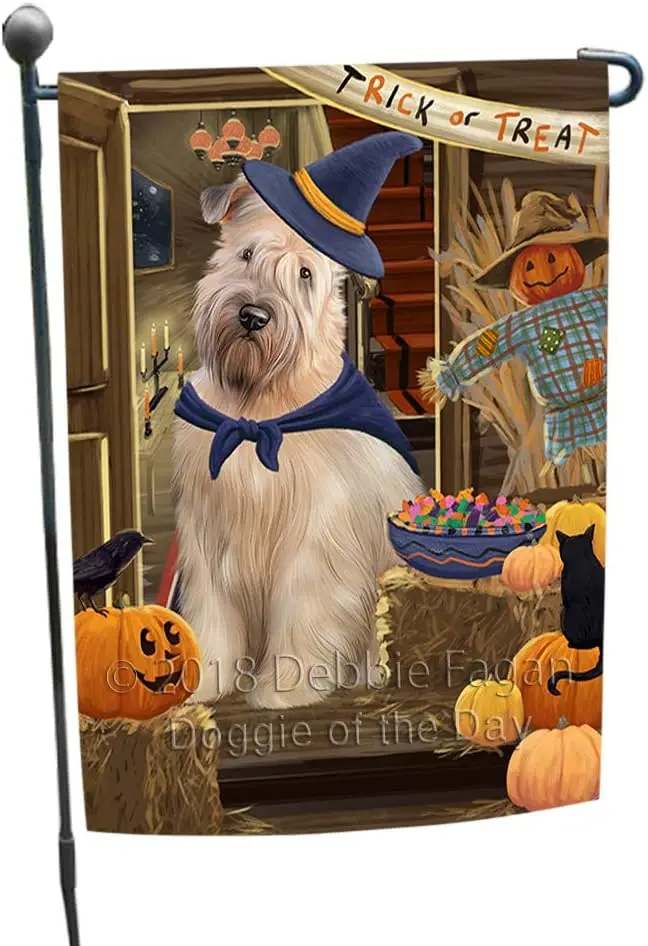 Doggie of the Day Enter at Your Own Risk Trick or Treat Halloween Wheaten Terrier Dog Garden Flags- Outdoor Double Sided Garden