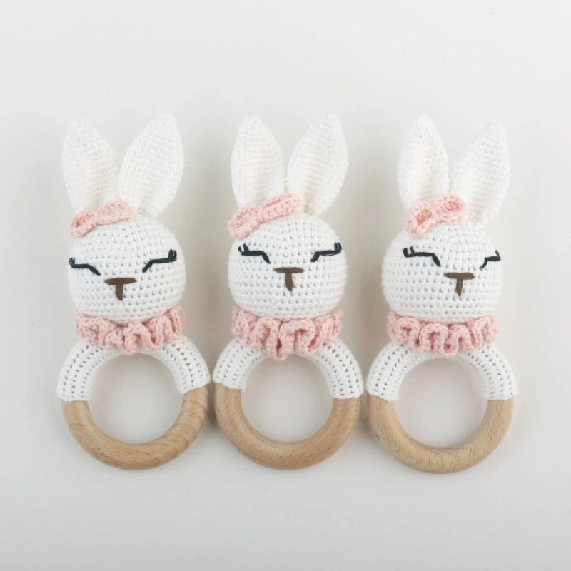 Rabbit Wooden Teether Baby Rattles Carton Crochet Animal Teething Toy Safe Wooded Toy Mobile Pram Crib Teether Rings