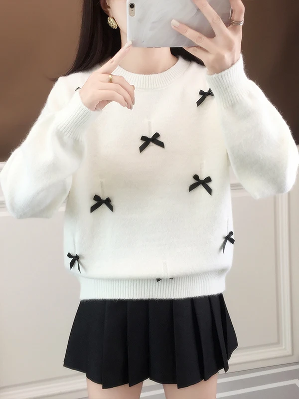 

Autumn Winter Women's Loose Knitted Sweater round Ne Knot Top Warm Base Layer Outerwear Korean Sle Fenixuan