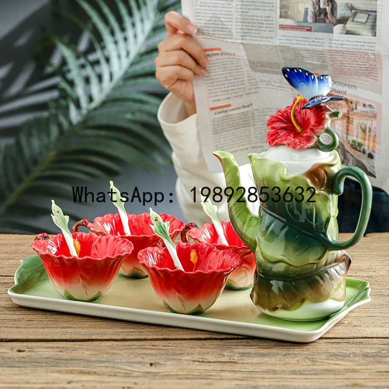 

Flower Tea Set Imitation Hibiscus Flowers Ceramic Mugs Teapot Coffee Mug Teacup Afternoon Tea Accessories Tea Pot and Cup Set
