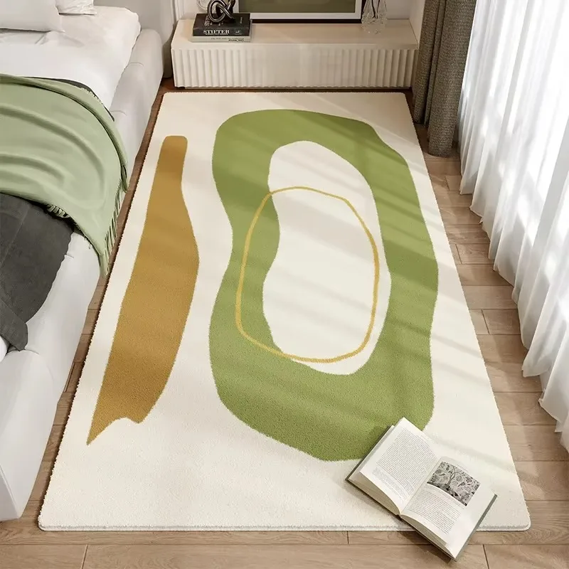 Fresh Green Imitation Cashmere Bedside Rug, Durable Stain Resistant Floor Mat for Home Bedroom