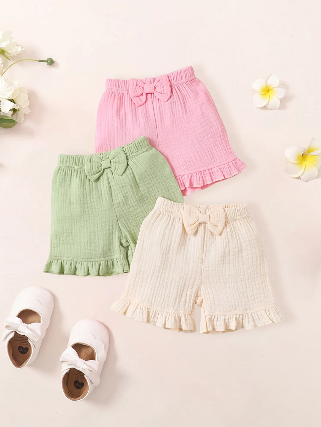 

Комплект из 3 предметов: Текстурированные шорты с рюшами для девочек, свежий и милый стиль, детская одежда для девочек