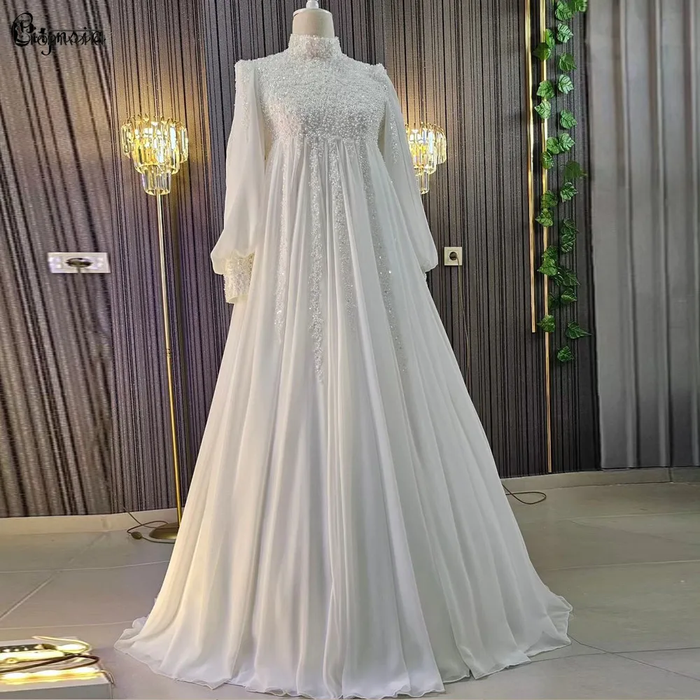 

Luxury A-Line Chiffon Pearls Beads Wedding Dresses for Pregnant Woman Vestidos De Novia Boda Civil Plus Size Bridal Gown