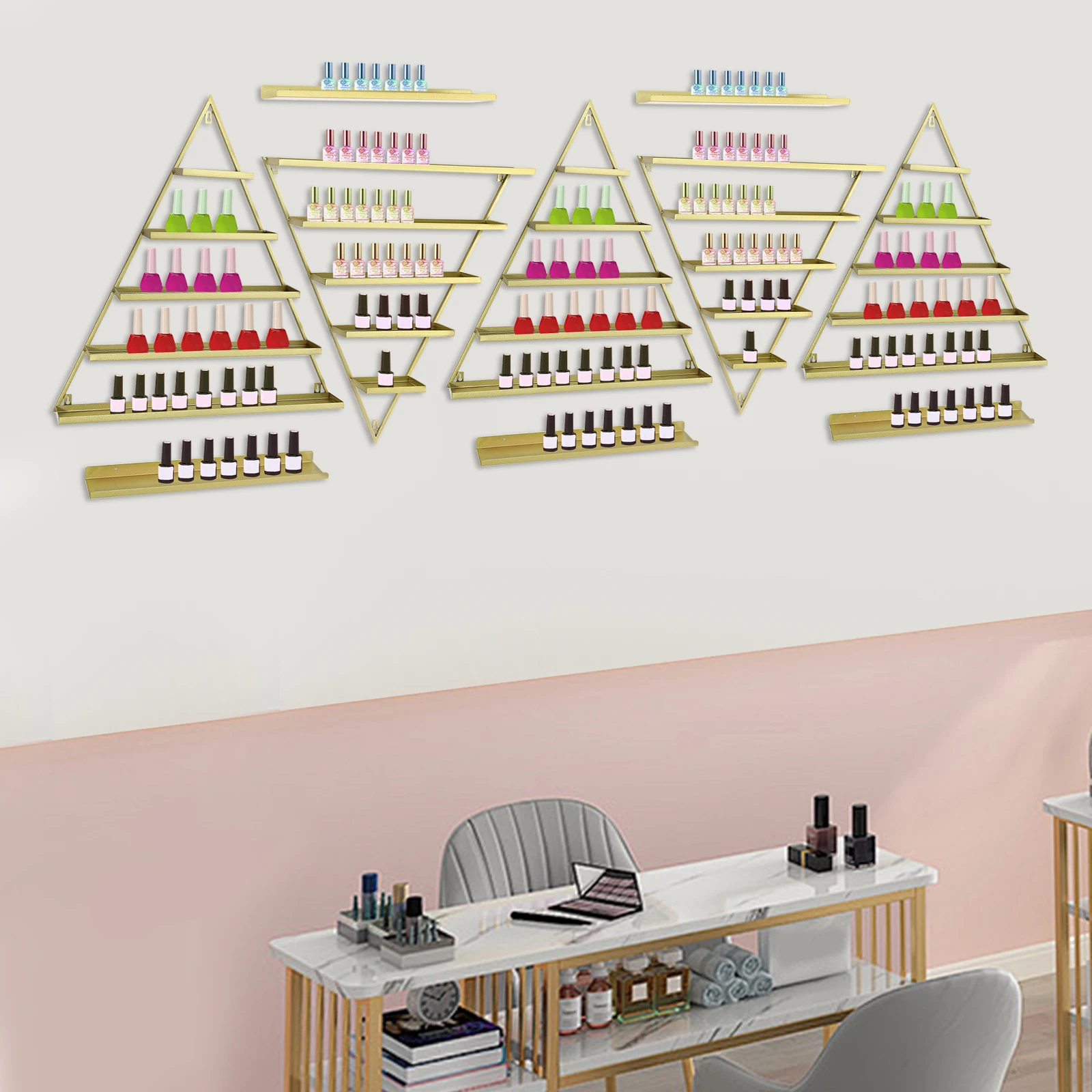 

10Pcs Triangular Nail Polish Racks Gold Iron Wall-mounted 5-tier Display Racks Horizontal Bars for Cosmetics
