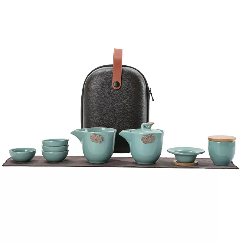 

Azure Ru Kiln Convenient Tea Cup Set One Pot Two Cups Four Cups Simple Storage Portable Travel Kung Fu Tea Set Set