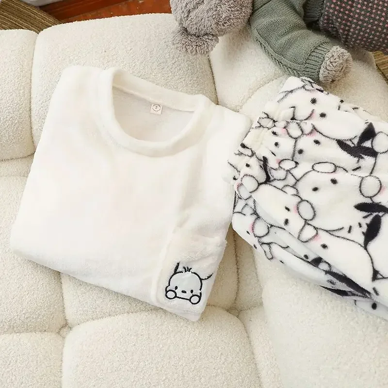 

Hello Kitty Kuromi Anime Kawaii Sanrio Coral Velvet Hooded Pants Pajama Cute Pochacco Winter Thickened Homewear Cloth Set Gifts