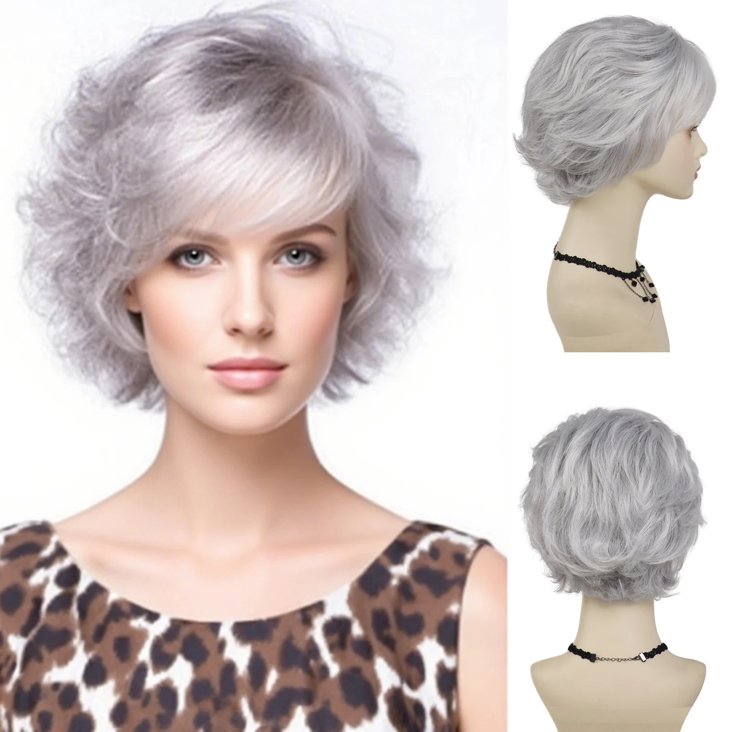 

Синтетический серебристо-серый парик для женщин Светло-серые волосы Ежедневные женские парики для старых леди с челкой Короткий вьющийся парик Косплей Хэллоуин Использование