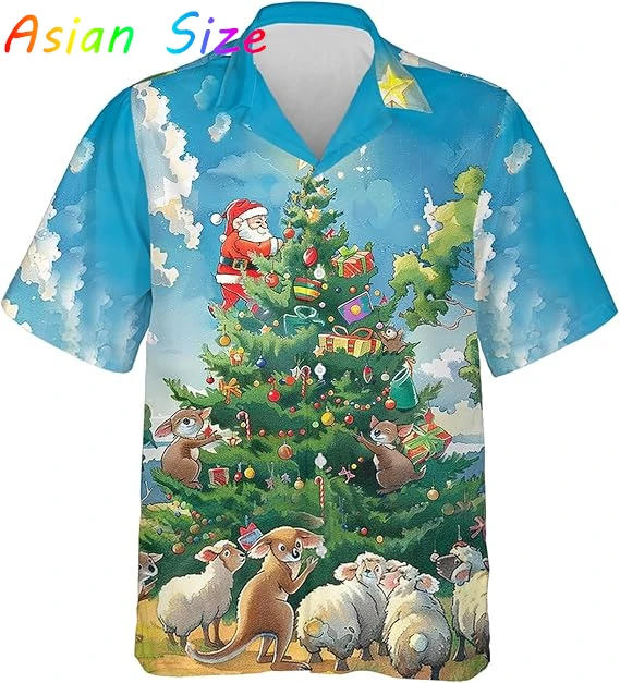 2026 Trendy Cool Fashion Santa Shirts Beach Party 3d Print Hawaiian Shirt Unisex Short Sleeve Merry Christmas Blouse Lapel Shirt
